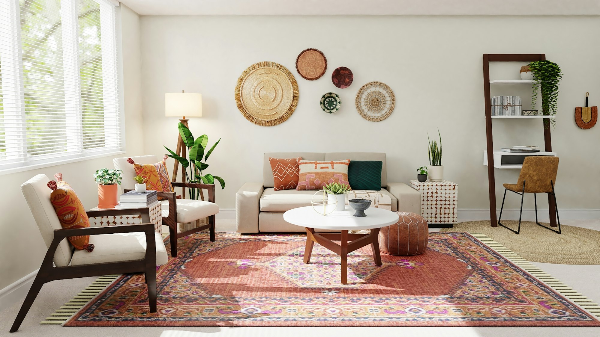 A cream dining corner with arched wall, bentwood chairs and a round table